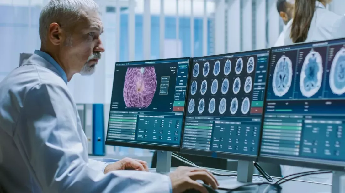 Uno scienziato osserva un'immagine del cervello su un grande monitor in laboratorio.